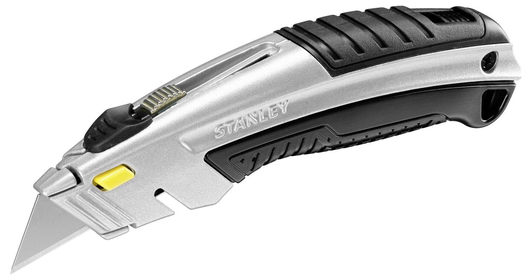 A silver and black Stanley knife with a retractable blade and yellow slider is lying on a white background.