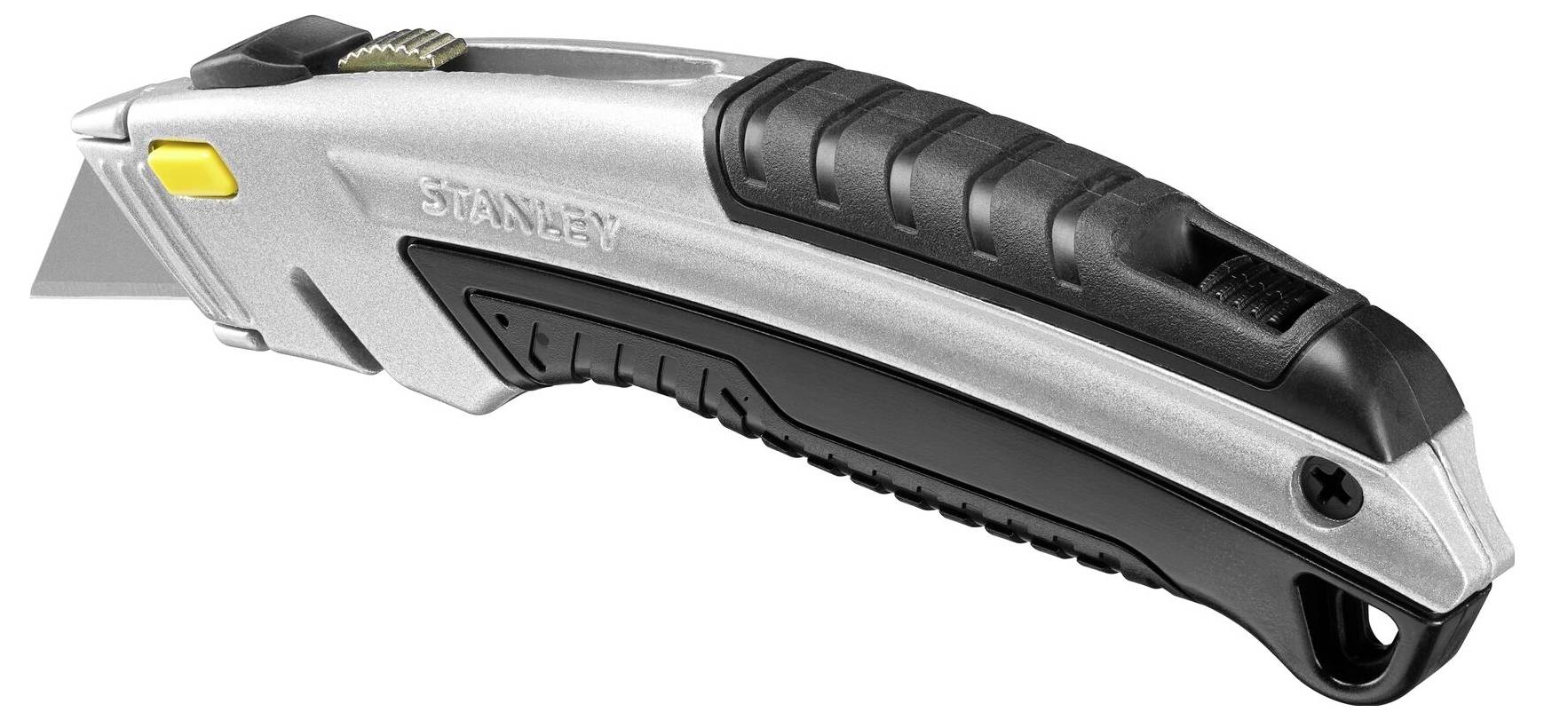 Silver universal knife with a black handle, yellow slider, and interchangeable blade, suitable for cutting tasks.