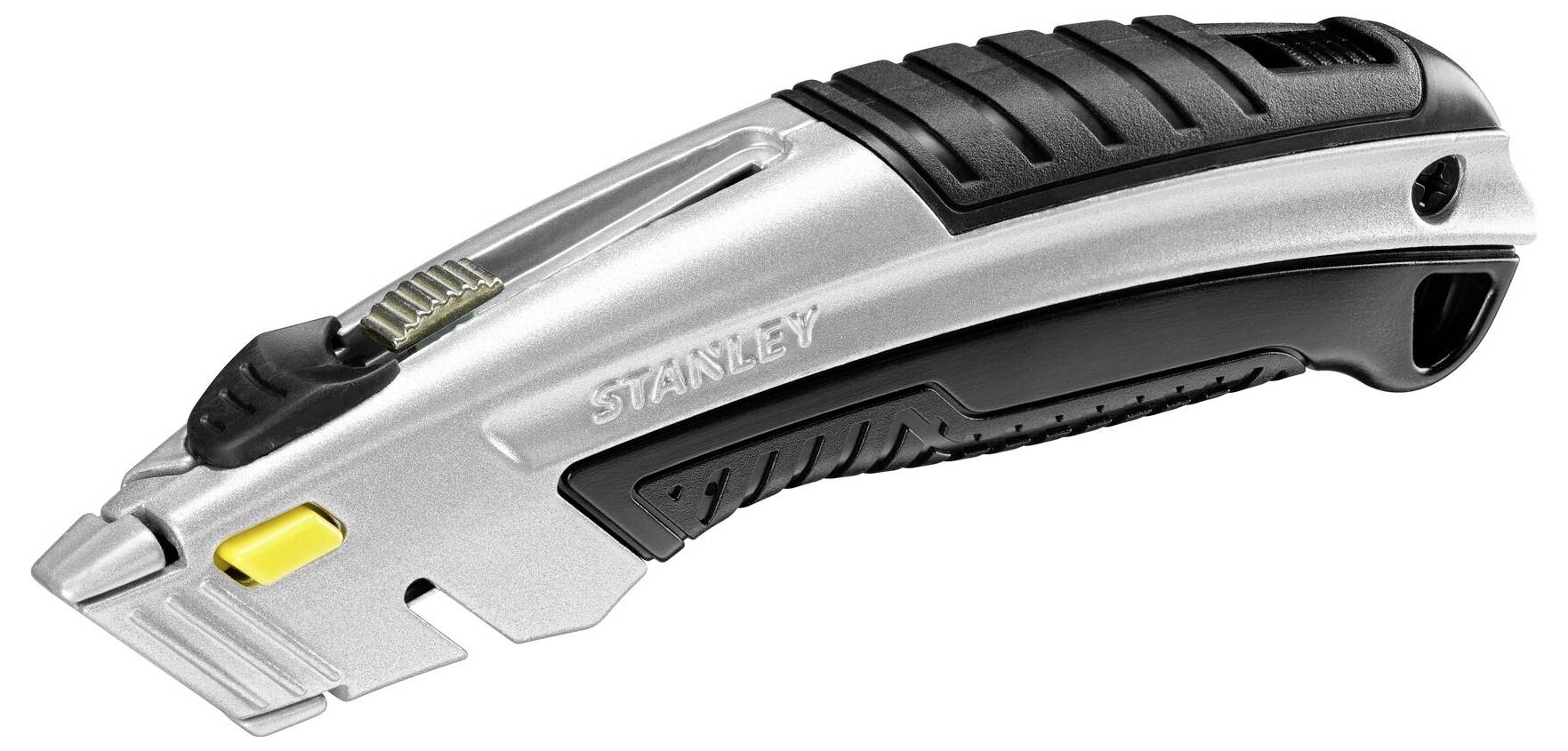 A silver multi-tool knife with a black handle and yellow slider demonstrates robust construction.