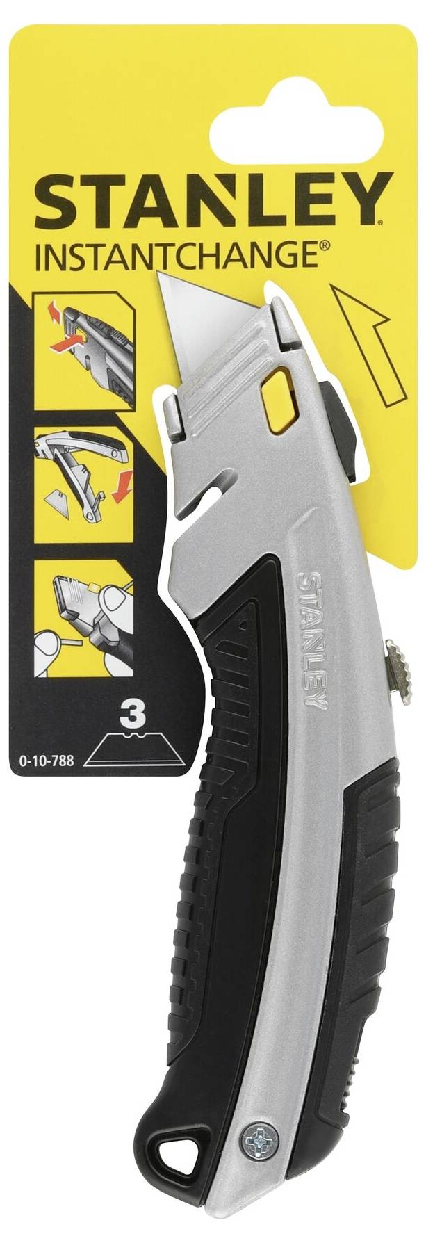 A Stanley carpet knife with a metal handle in packaging, showing three illustrations for blade replacement instructions on a yellow background.