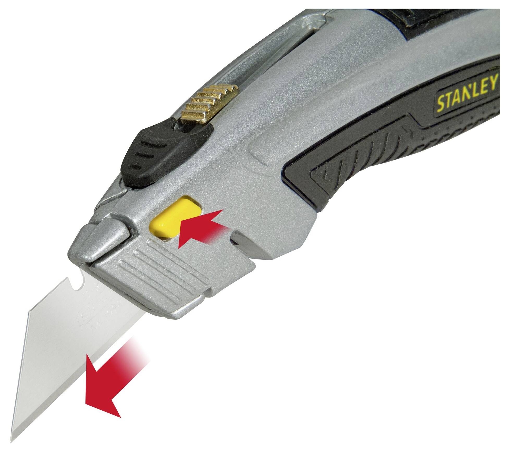 A silver craft knife with a black handle. Yellow push button and red arrows indicate the blade guide and holder.