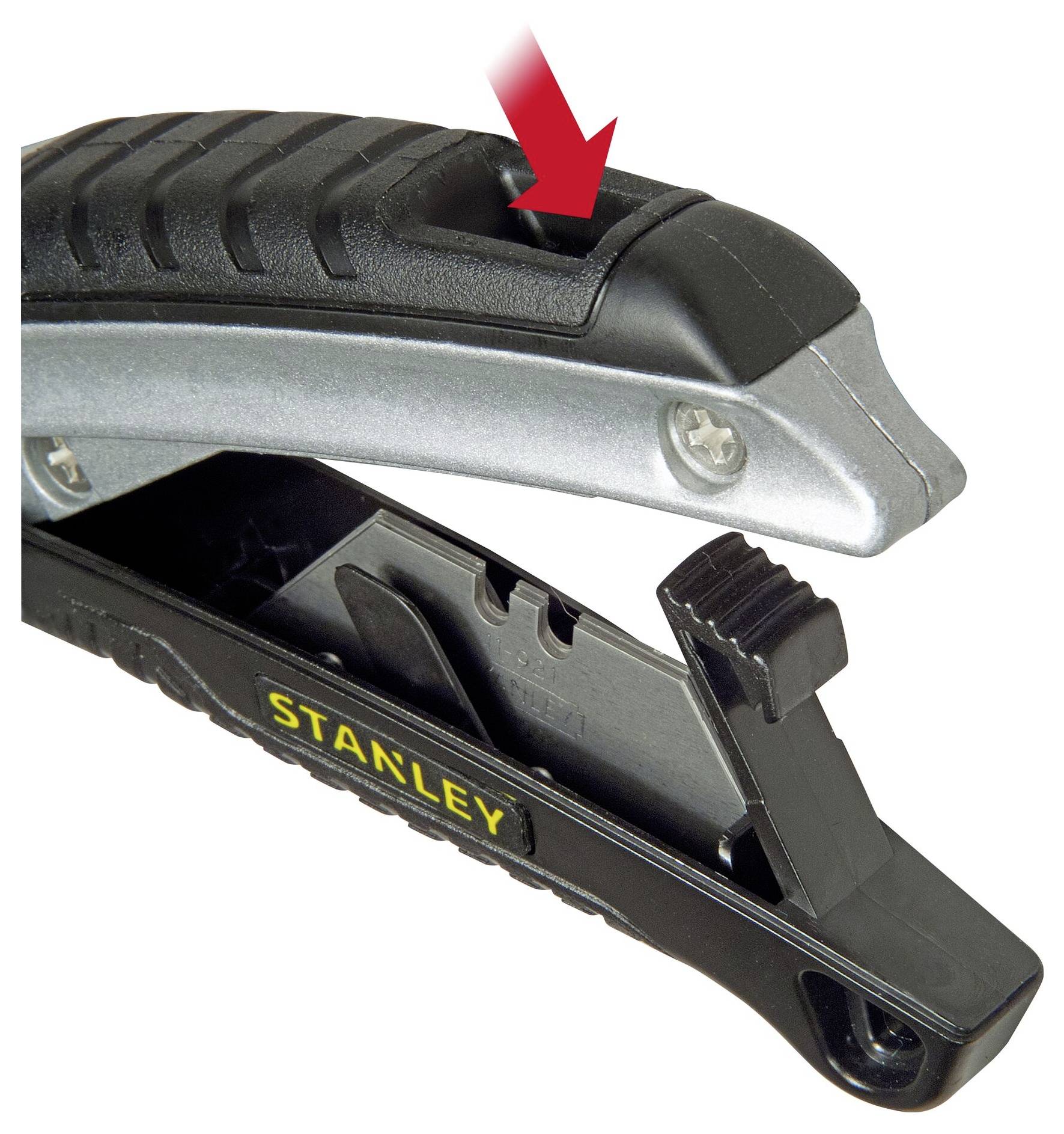 A black Stanley stapler, partially opened, shows the insertion point for staples. A red arrow points to a button.