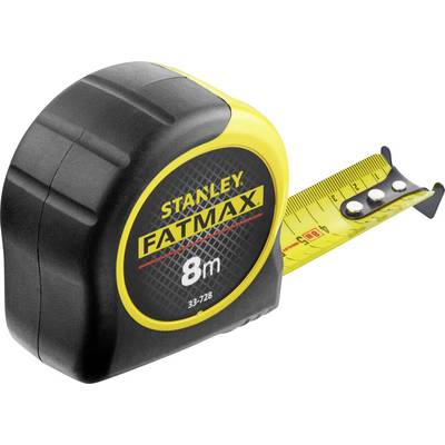 A yellow and black tape measure from 'Stanley Fatmax', extended to 8 metres, shows markings in centimetres.