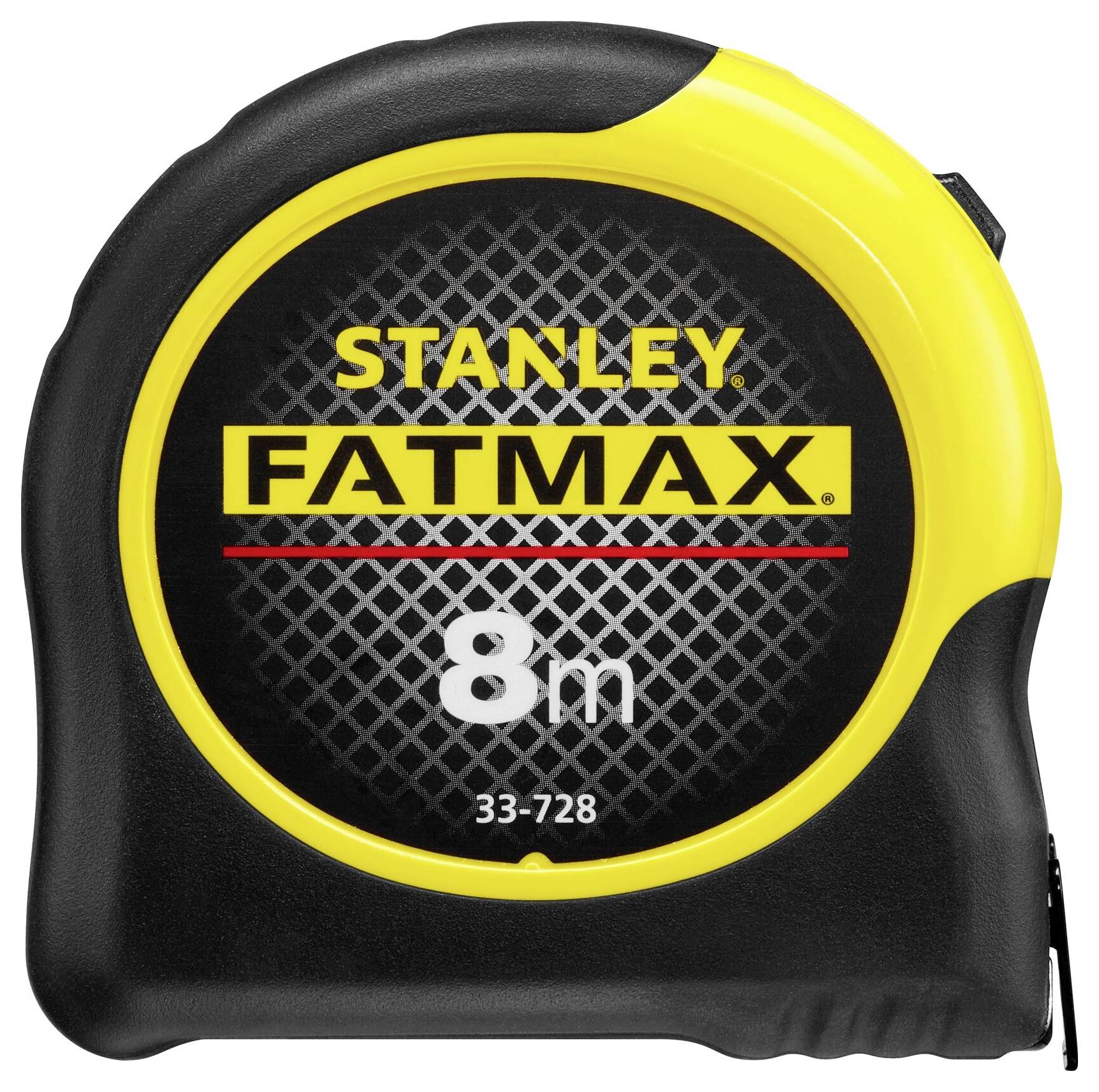 Black and yellow measuring tape, brand name 'Stanley Fatmax', with a length of 8 metres, model number 33-728.