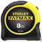 Black and yellow measuring tape, brand name 'Stanley Fatmax', with a length of 8 metres, model number 33-728.