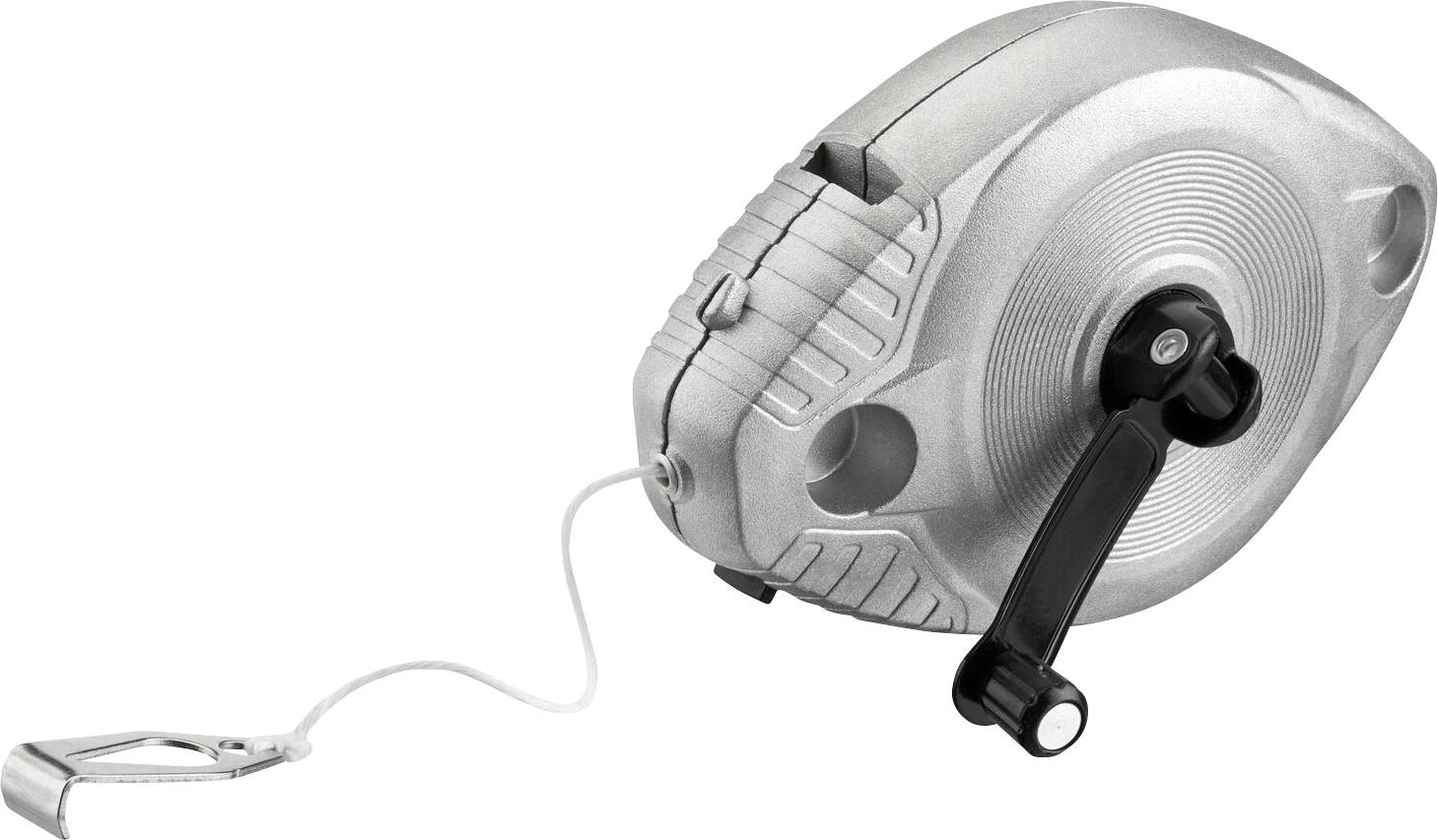 A silver hand-operated winch with cord and clamp. Suitable for lifting or pulling objects, commonly used in construction.