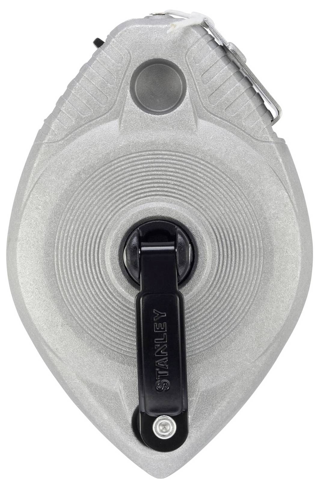 Grey Stanley chalk line with crank and hook, shown in top-down view, used for marking work on construction projects.