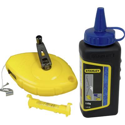 'Yellow spirit level with a blue pencil bottle, marked as Stanley, next to a measuring tool. Suitable for construction work.'
