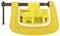 A yellow Stanley G-clamp. The label displays product information and a sketch of the clamp with dimensions.