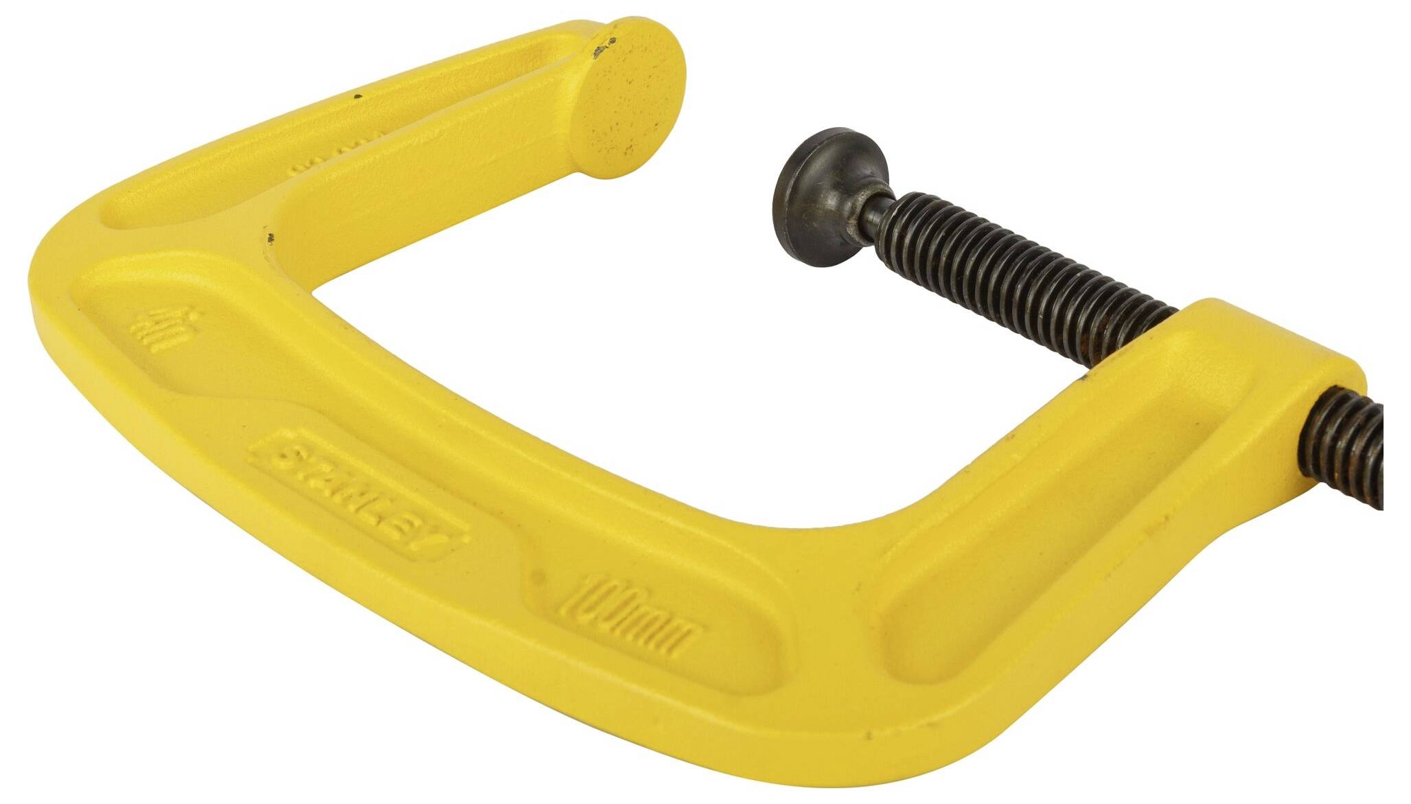 Yellow G-clamp with metal thread, commonly used in woodworking or metalwork to hold materials firmly together.