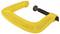 Yellow G-clamp with metal thread, commonly used in woodworking or metalwork to hold materials firmly together.