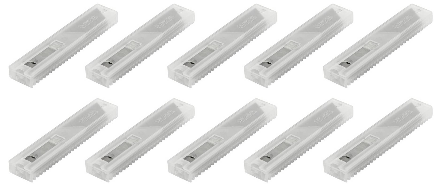 Ten transparent rectangular plastic boxes, each containing a metal object, arranged evenly on a light background.