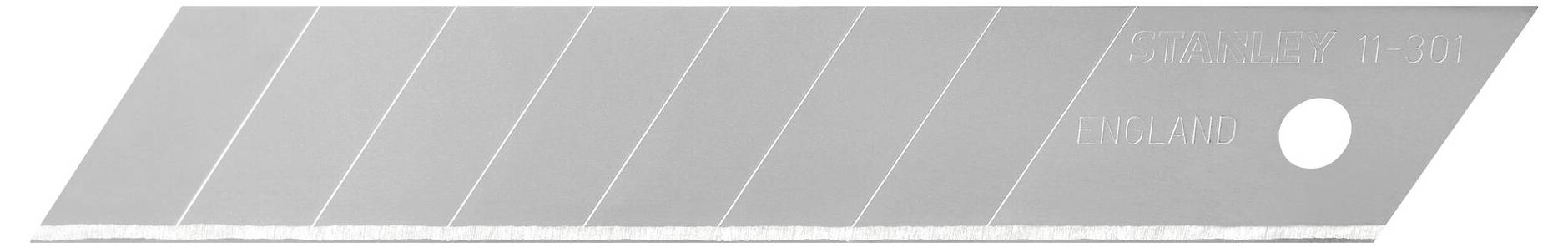 Snap-off blade with multiple segments and a hole at one end. Used in utility knives for precise cutting.