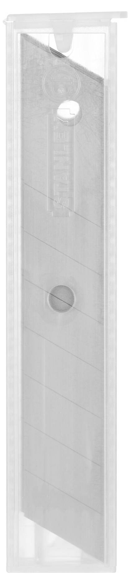 A transparent plastic case contains several replacement blades for a cutting tool. The case has an opening at the top.