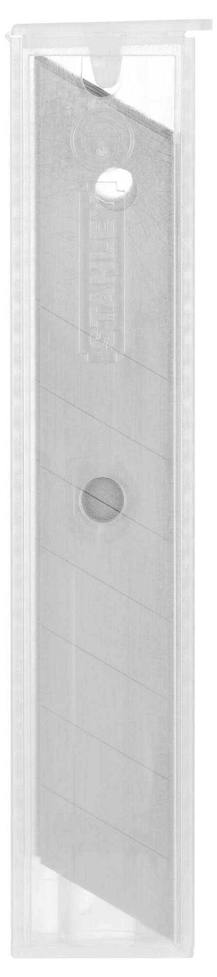 A transparent plastic case containing multiple trapezoidal razor blades separated by grooves.