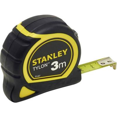 A tape measure with a black and yellow casing labeled 'Stanley Tylon 3m', with the measuring tape partially extended.
