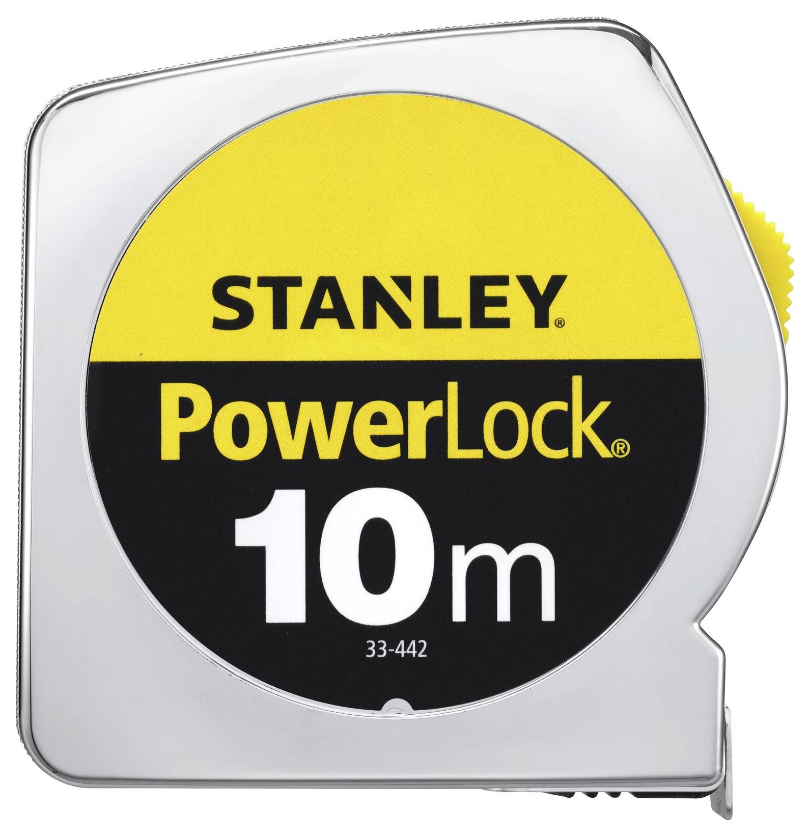 A measuring tape with a yellow and black label, marked with 'STANLEY PowerLock 10m', silver casing.