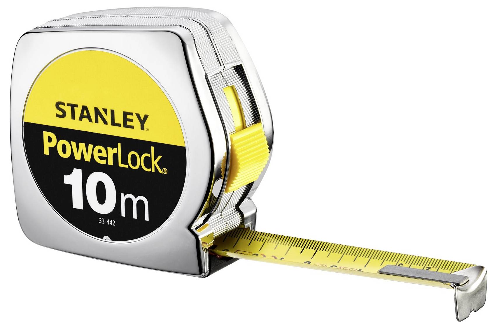 A yellow measuring tape with a silver-plated casing is partially extended and displays a length measurement scale in metres.