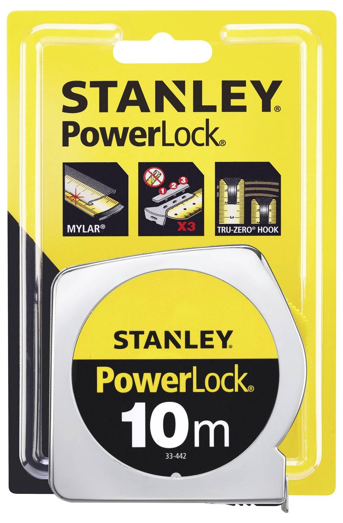 'Stanley PowerLock 10m' measuring tape packaging. Yellow and black packaging focusing on Mylar tape and Tru-Zero hook features.