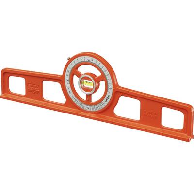 An orange spirit level with a built-in angle measurer and a small water container for precise alignment and angle measurement.