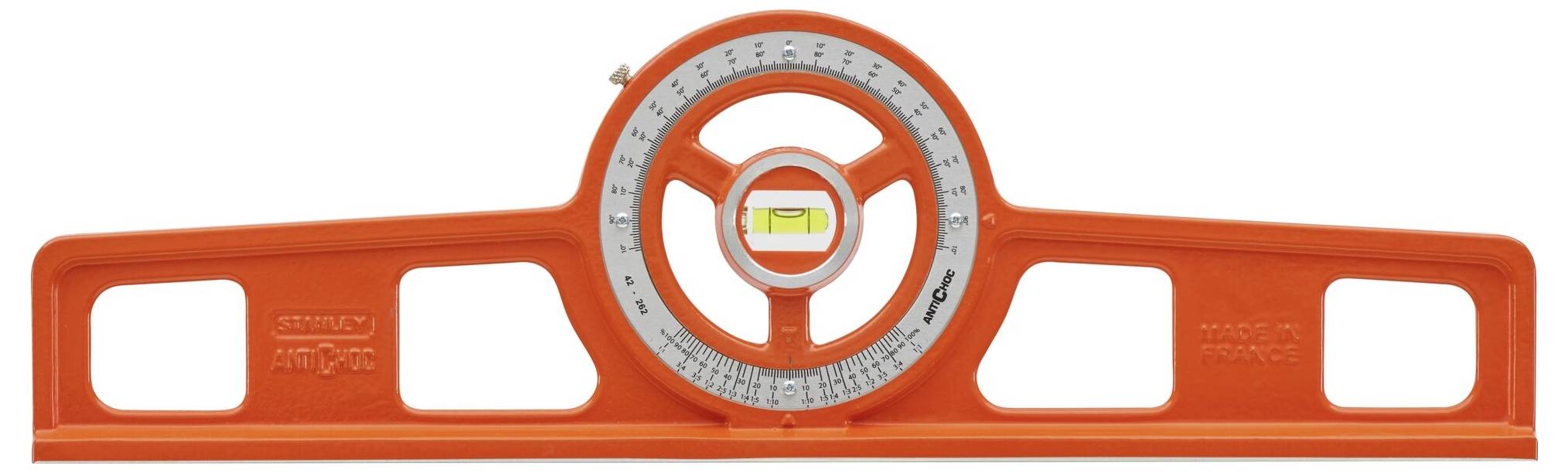 An orange angle measurer with spirit level, used for measuring angles and levelling, shows precise degree markings.