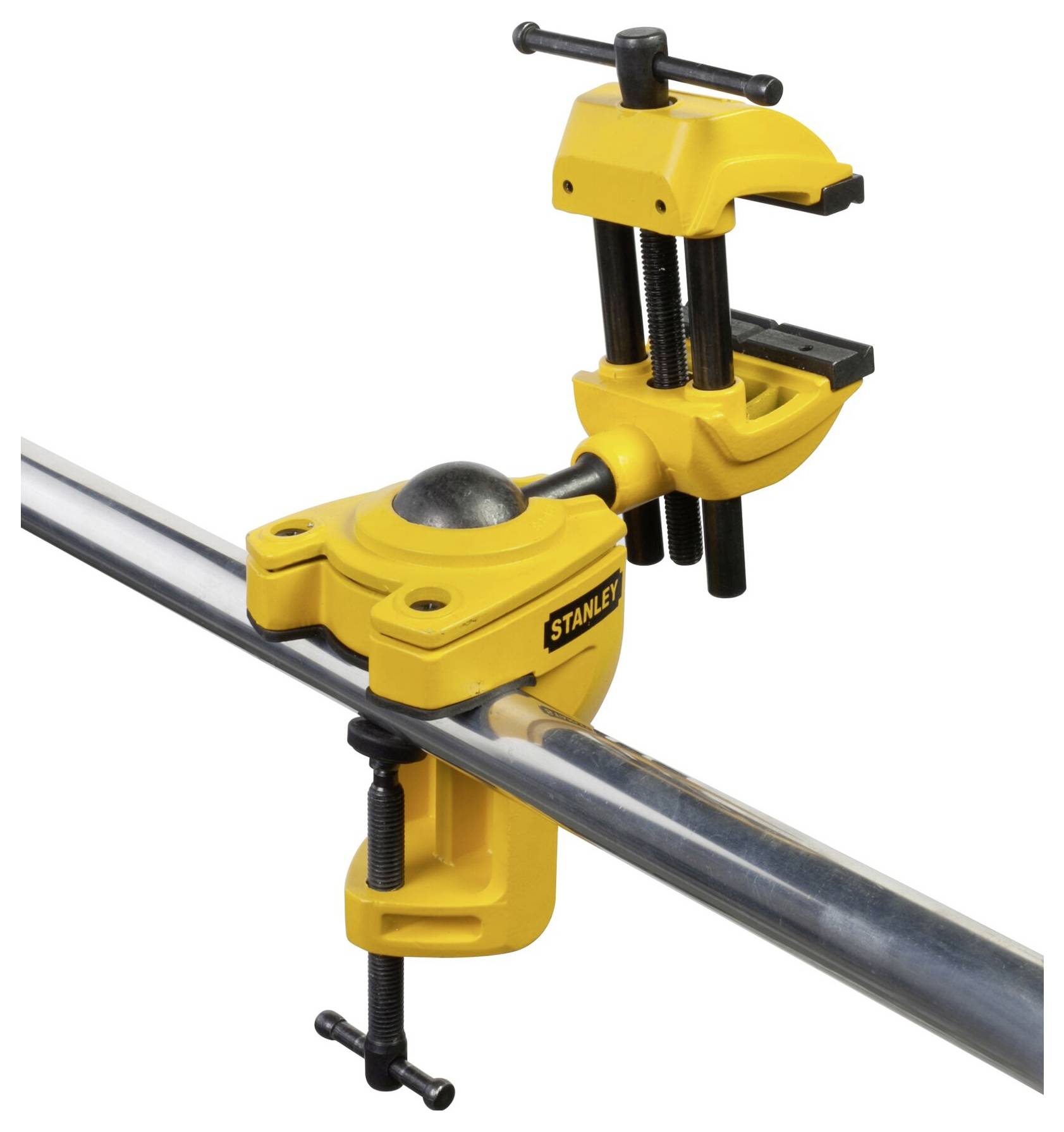 Yellow table clamp with ball mechanism, attached to a metal rod. 'Stanley' brand name visible on the clamp.