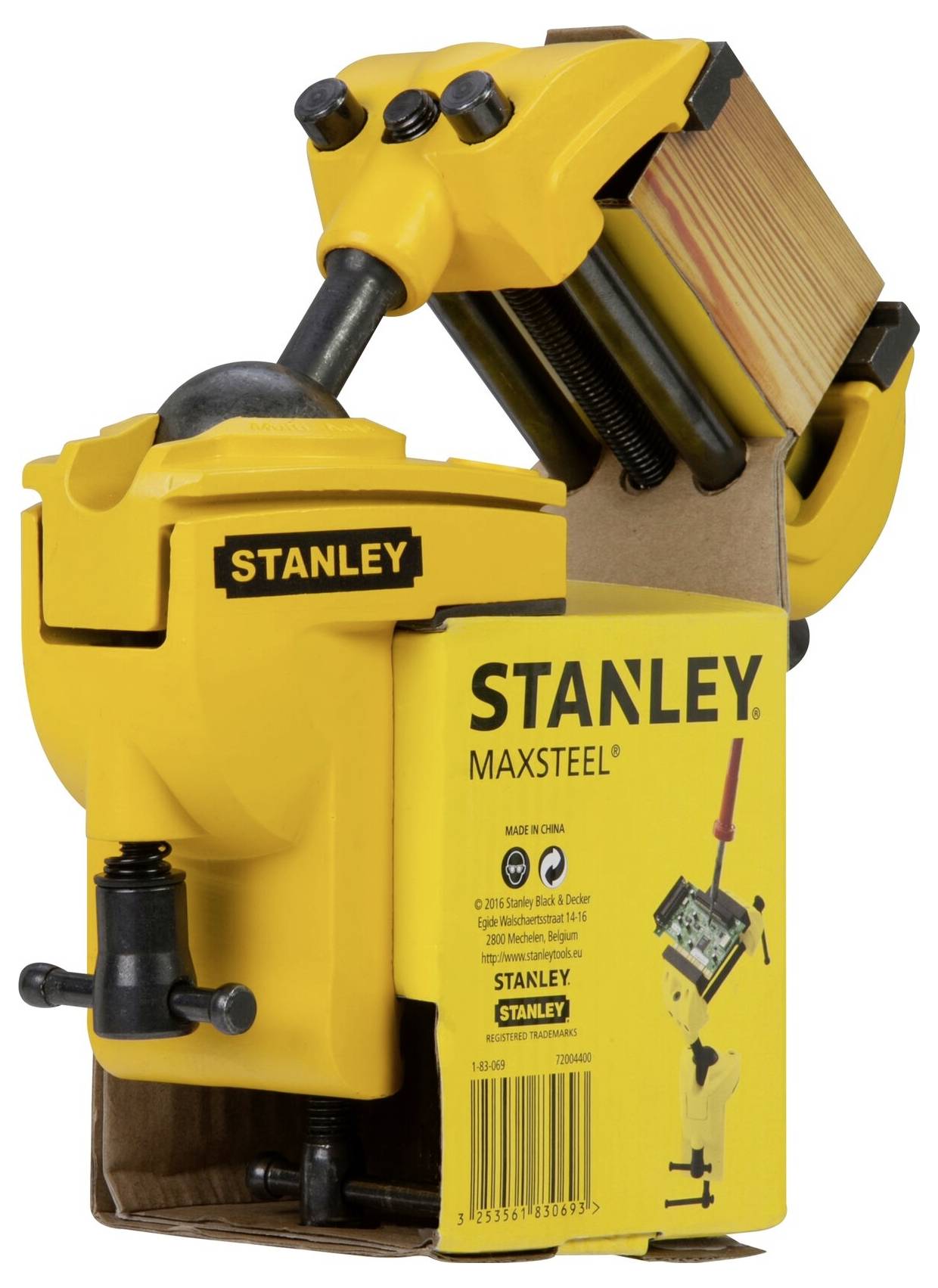 Stanley Maxsteel drill stand, yellow, with sturdy G-clamp, pictured on a packaging box.