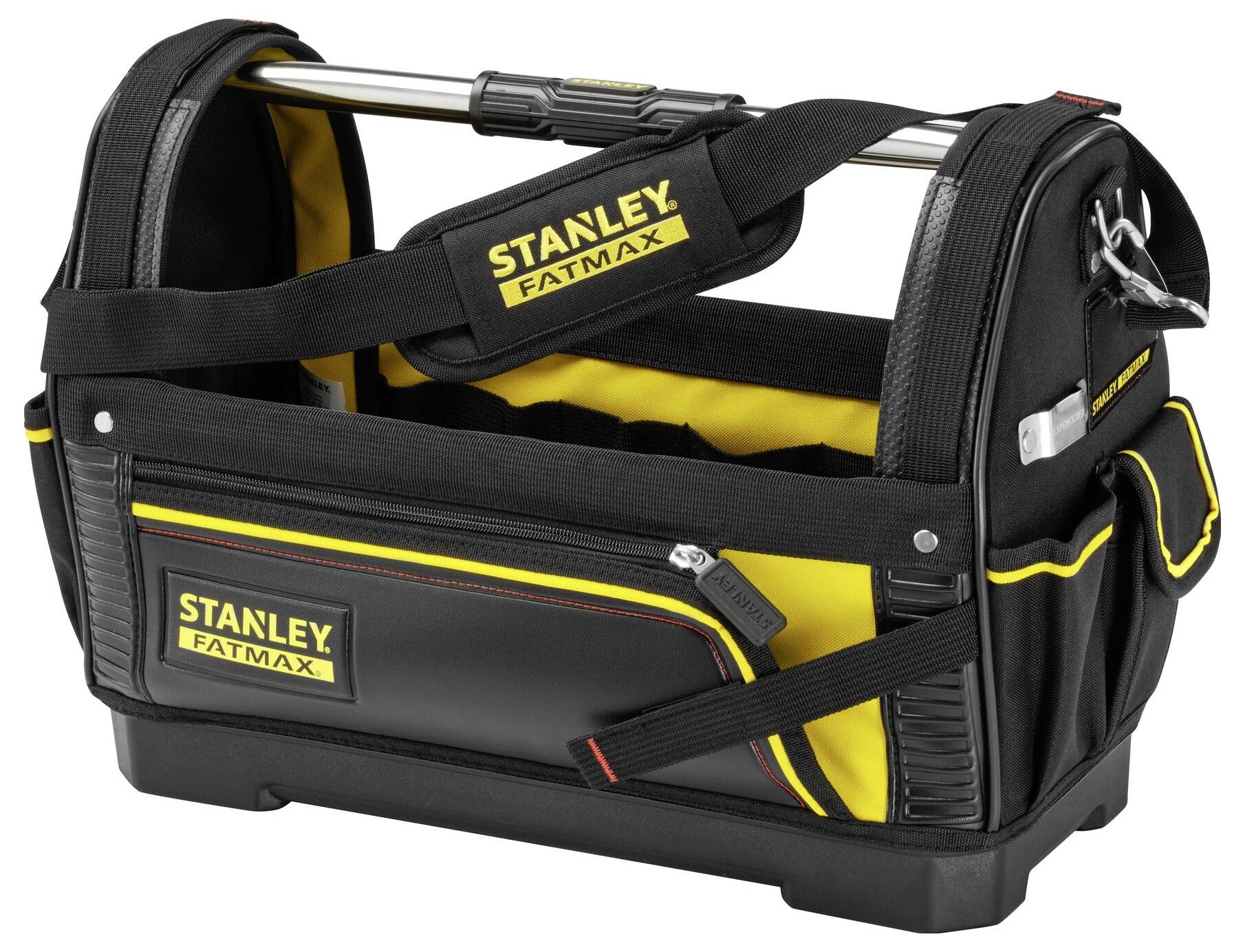Black and yellow tool bag with handle, marked with 'Stanley Fatmax', spacious for tools and accessories.<br><br>Black and yellow tool bag with handle, branded with 'Stanley Fatmax', roomy for tools and accessories.