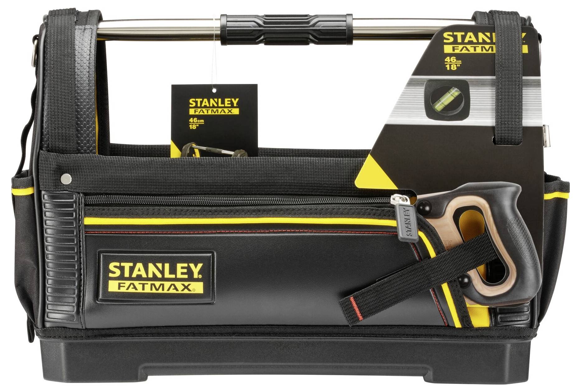 A black Stanley Fatmax tool bag with yellow details. It contains various tools and accessory parts.