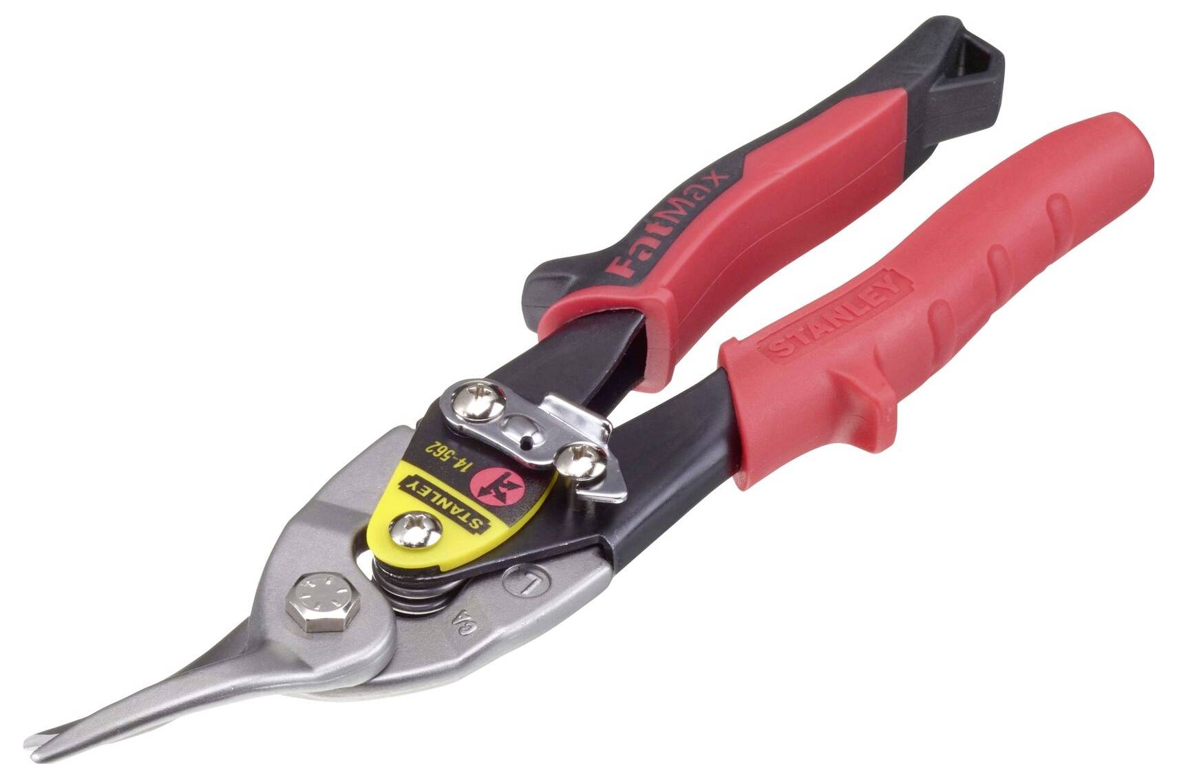 A red metal snips with ergonomic handles and a metal cutting blade. Suitable for cutting thin metal sheets.