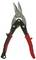 Metal shears with red and black handles, suitable for cutting metal. The shear blades are robust and designed for precise cuts.
