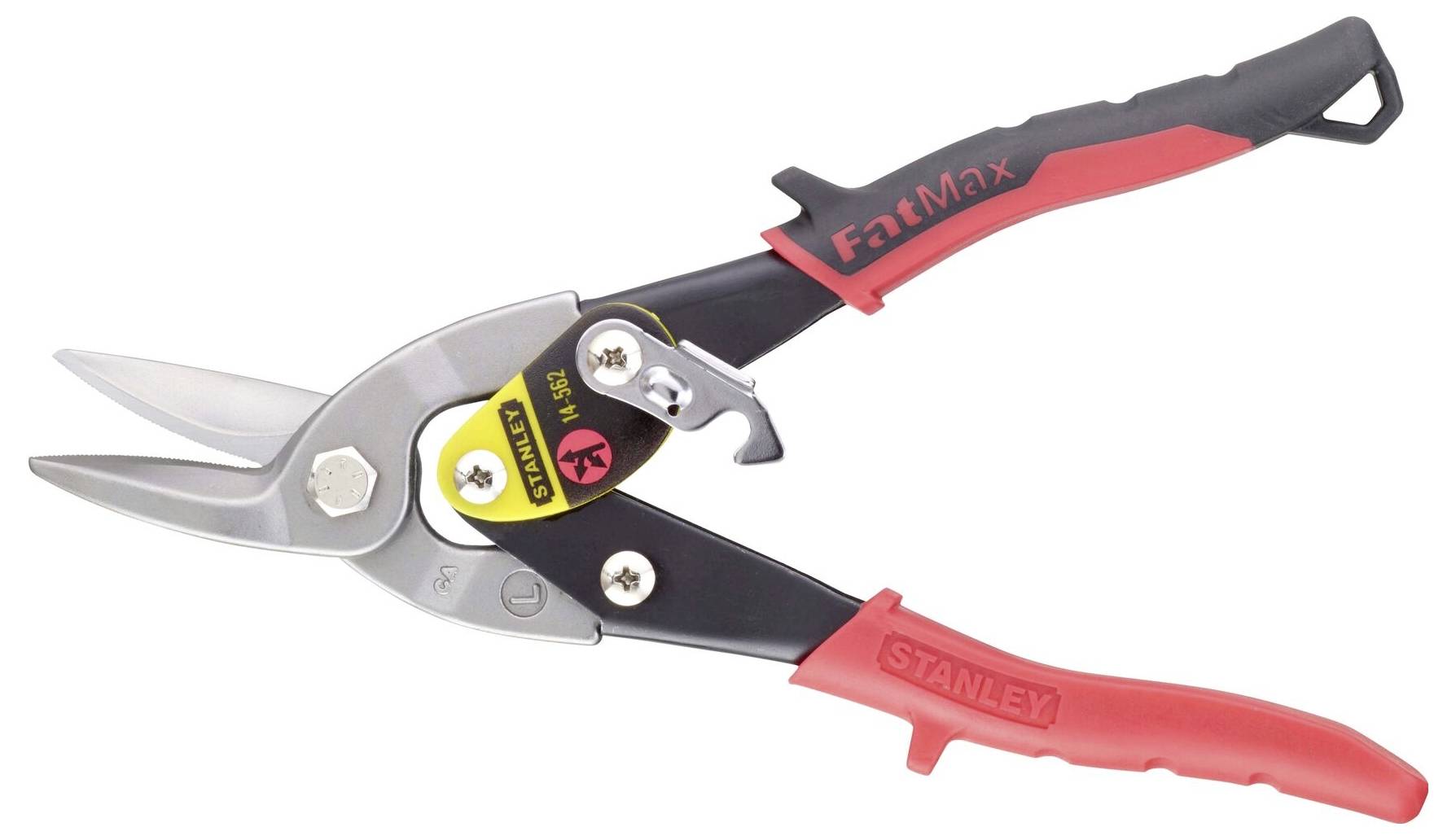 A red and black metal snips with a curved head, suitable for cutting metal sheets. Bearing the inscription 'FatMax'.
