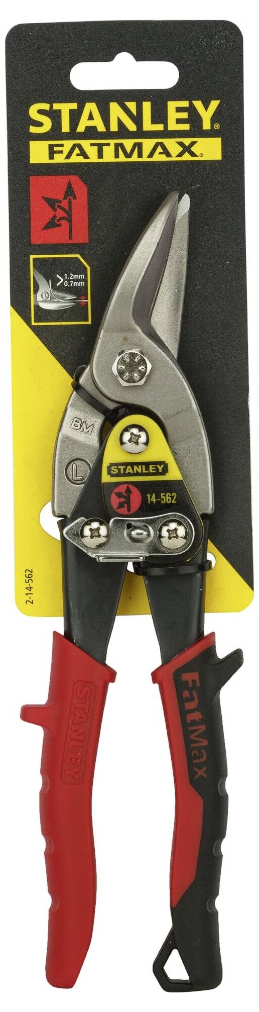 Stanley FatMax scissors with red and black handle, displayed on a black packaging with yellow text.