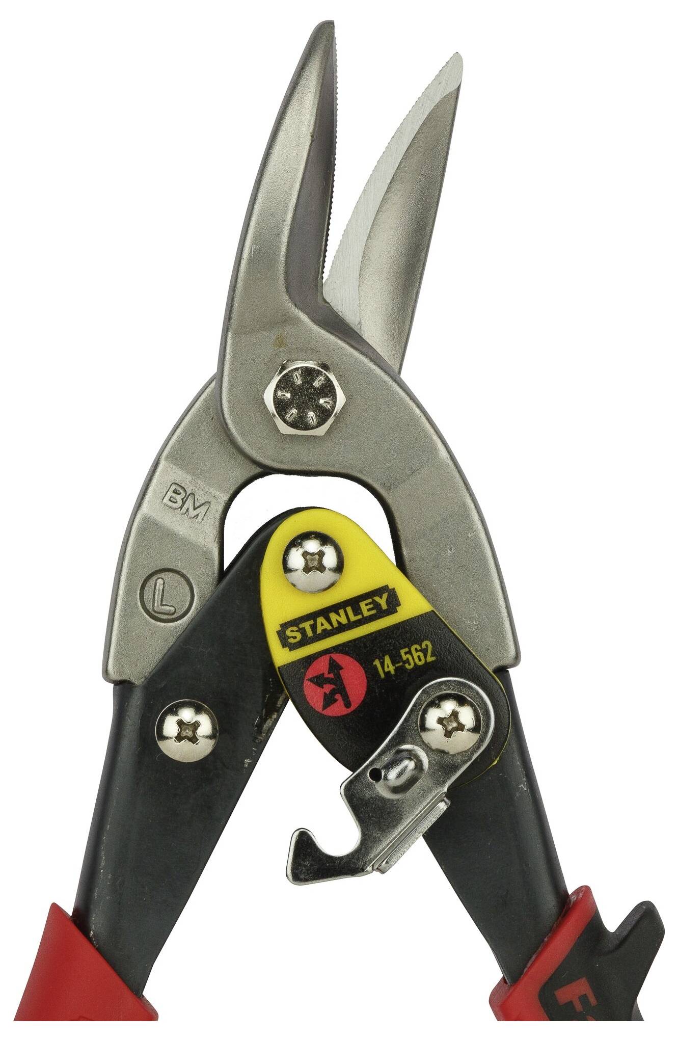 A metal shears with a yellow and black handle, marked with the 'Stanley' brand, designed for cutting sheet metal.