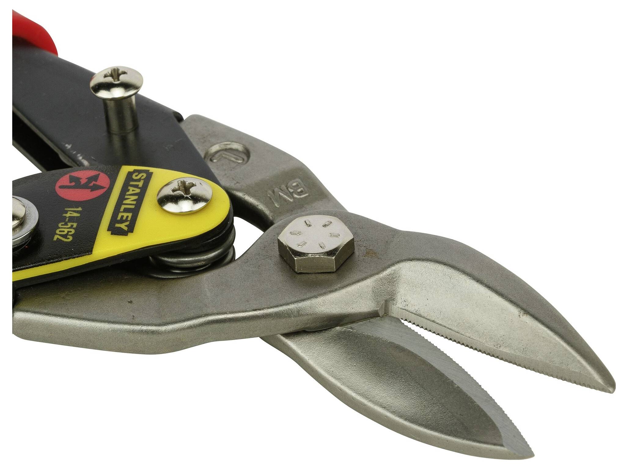Metal shears with a fixed handle and metal blades. Suitable for cutting sheet metal or other solid materials.