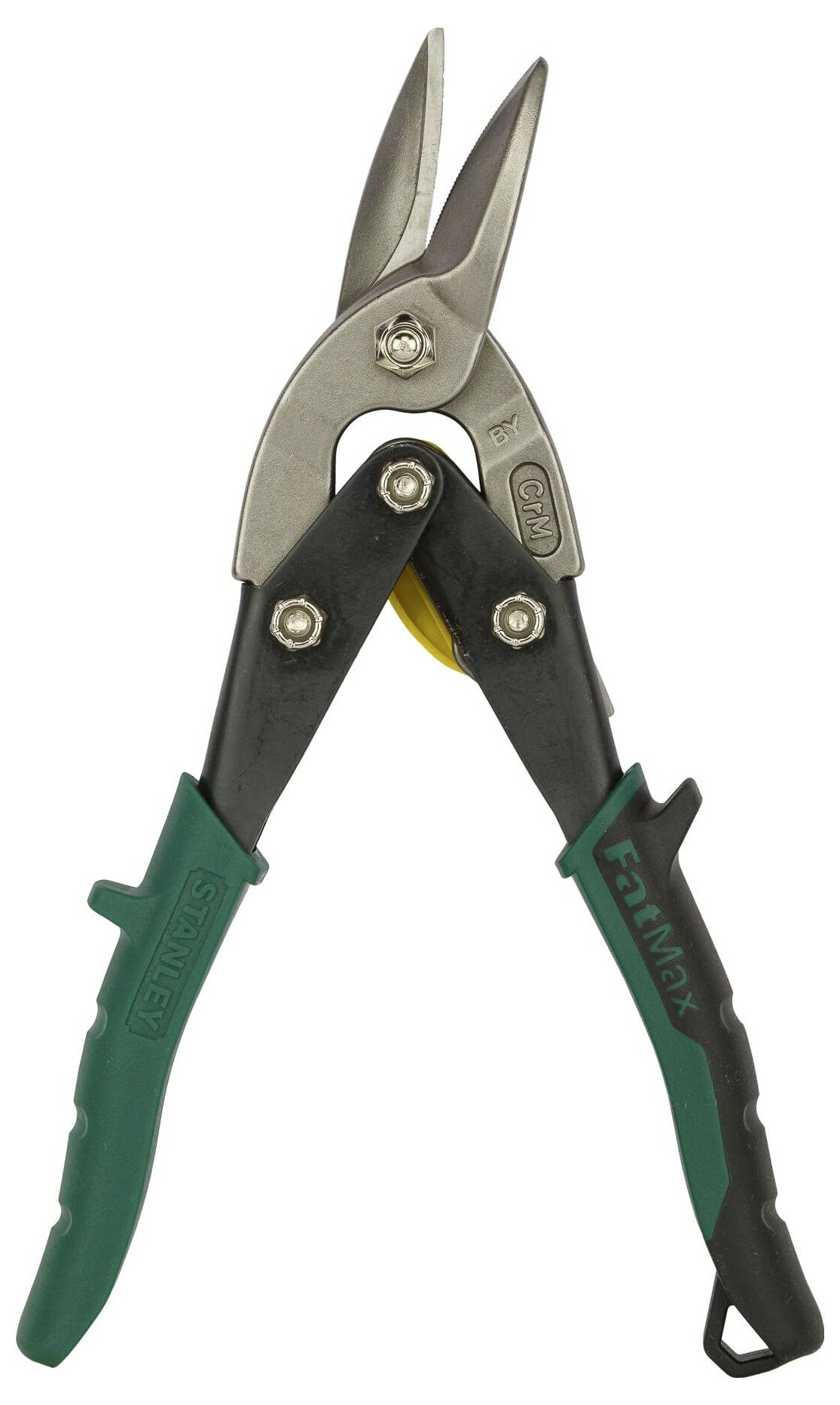Sheet metal shears with black and green handles, robust silver cutting tool for metalworking.