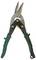 Sheet metal shears with black and green handles, robust silver cutting tool for metalworking.