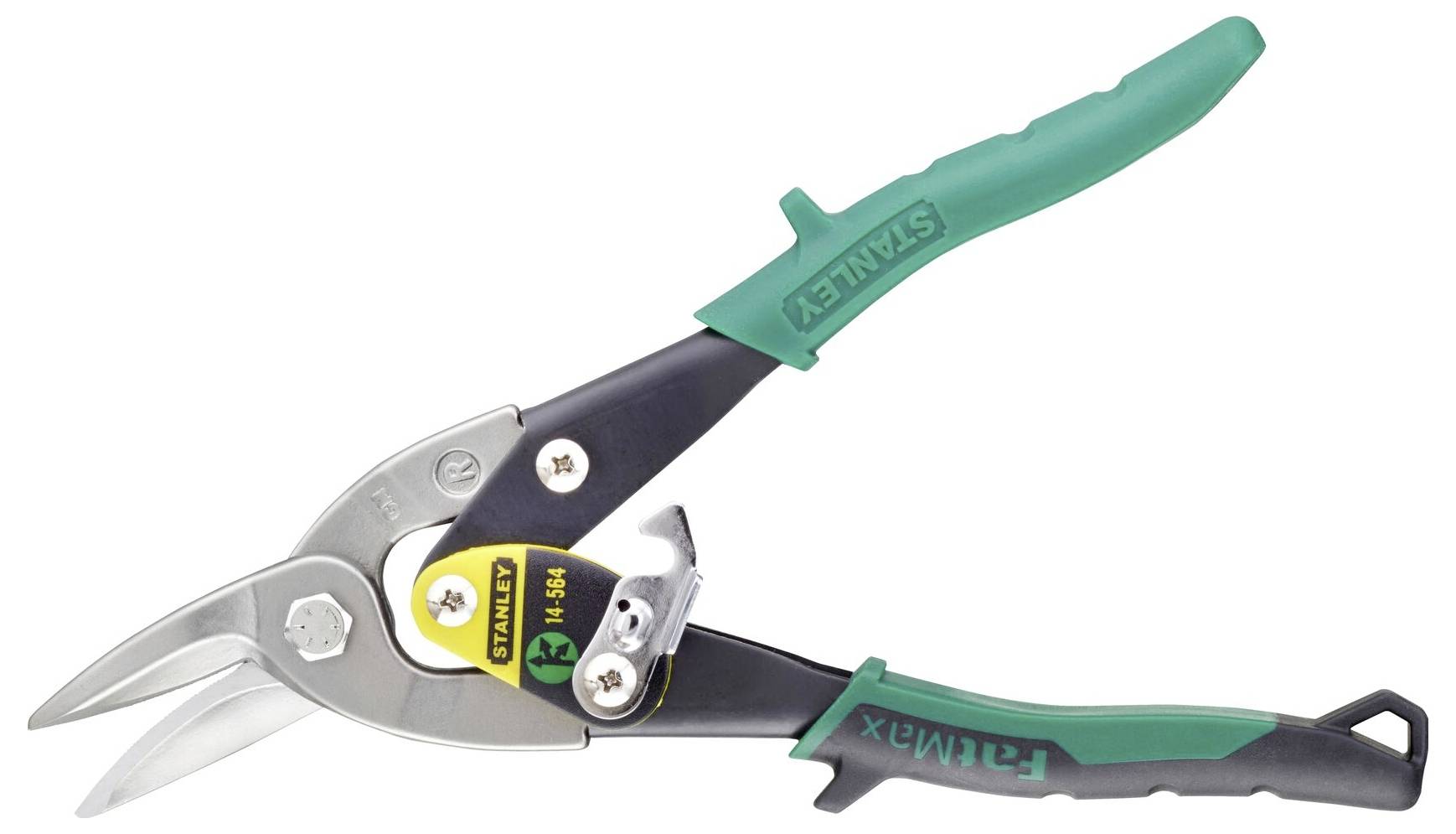 Garden shears with a green handle, yellow safety seal, and silver blades, suitable for cutting plants and branches.