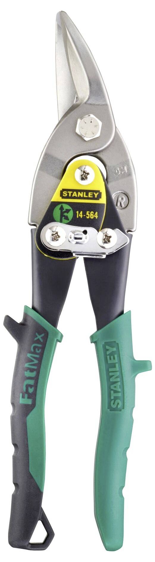 Tin snips with green handle and Stanley logo. Suitable for cutting metals or sheet metal.
