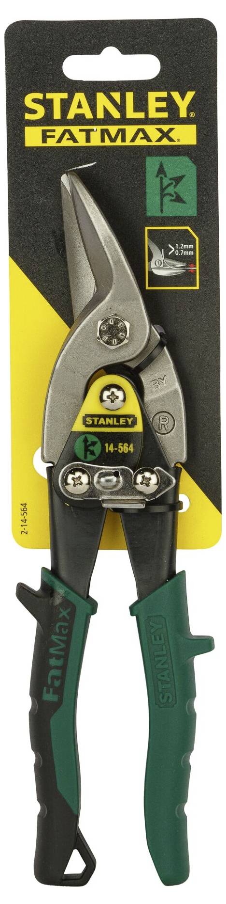 Metal shears by Stanley Fatmax, suitable for cutting metal sheets. Packaging displays product features and logo.