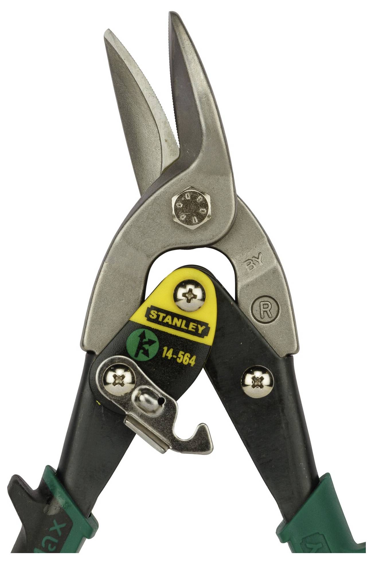 A robust metal shears with grey blades and a black handle, suitable for cutting thin metal sheets. Marked with 'Stanley'.