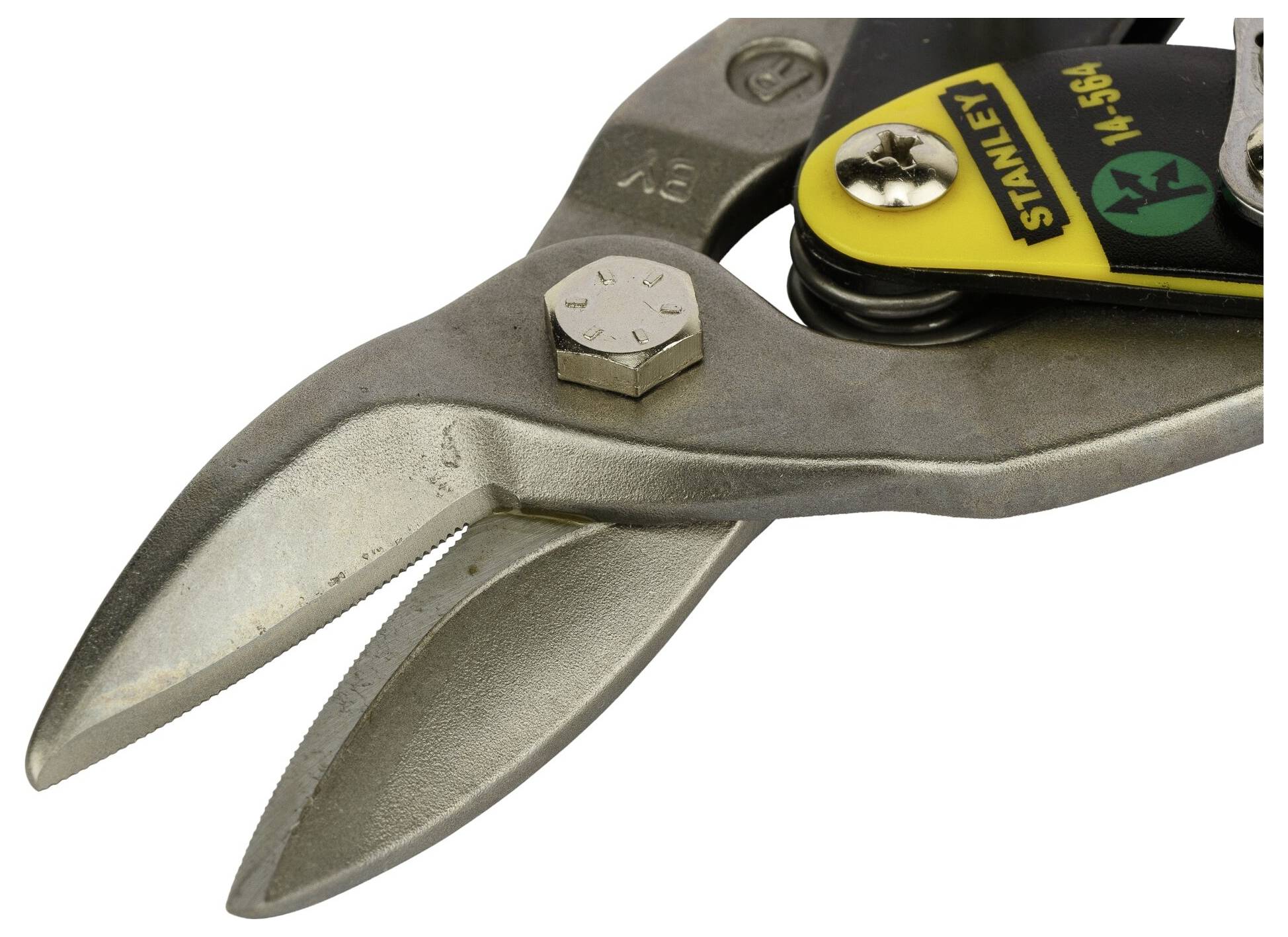A yellow and black metal shears with curved blades, suitable for cutting metal.