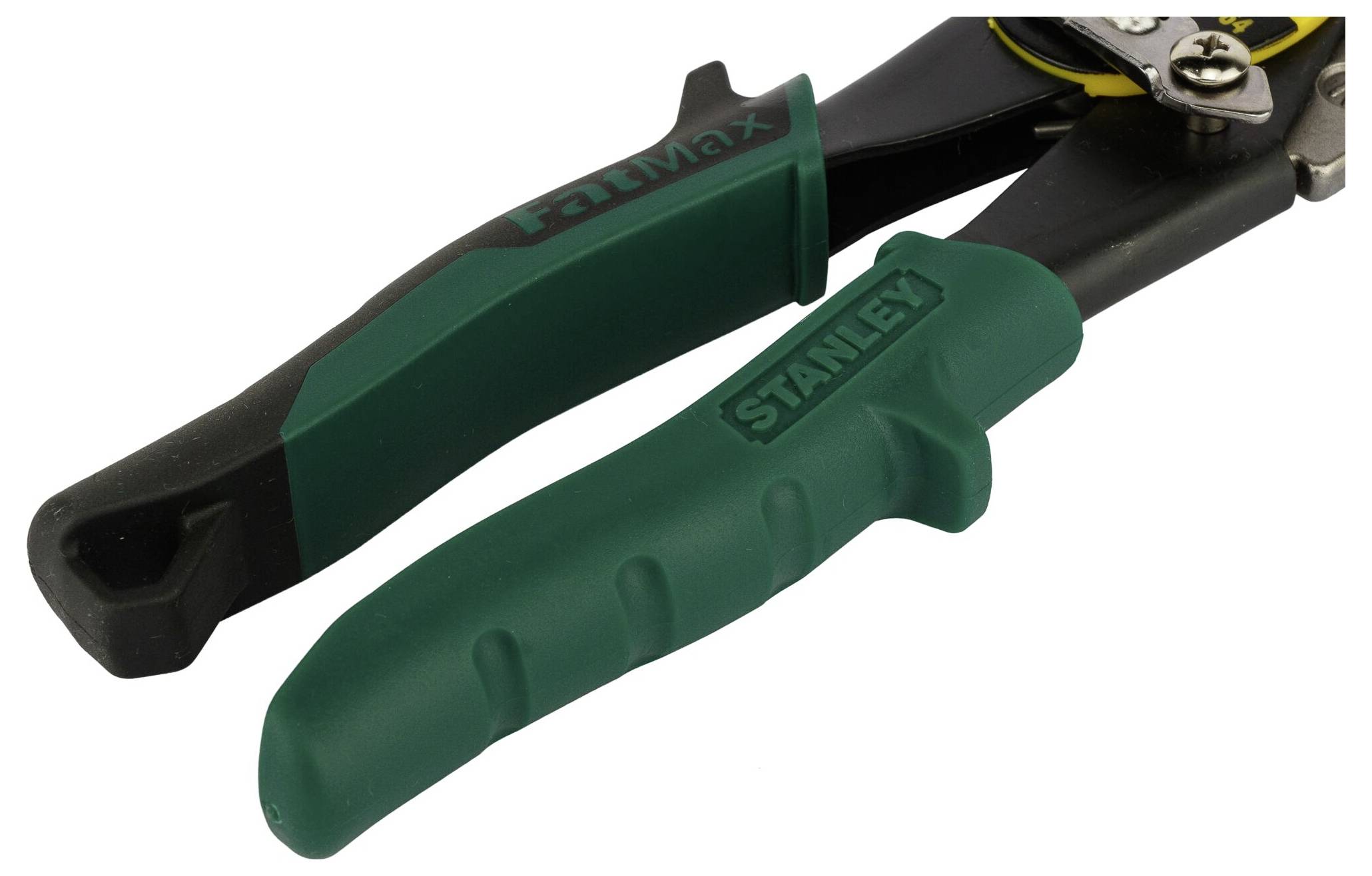 Green and black handle of a metal scissors, brand inscription 'STANLEY', over a white background.