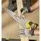 A person is marking a wooden board with a pencil while supporting it with a handsaw. Gloves provide protection.