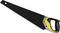 Handsaw with a black saw blade and an ergonomically shaped yellow and black handle, suitable for rough woodworking.