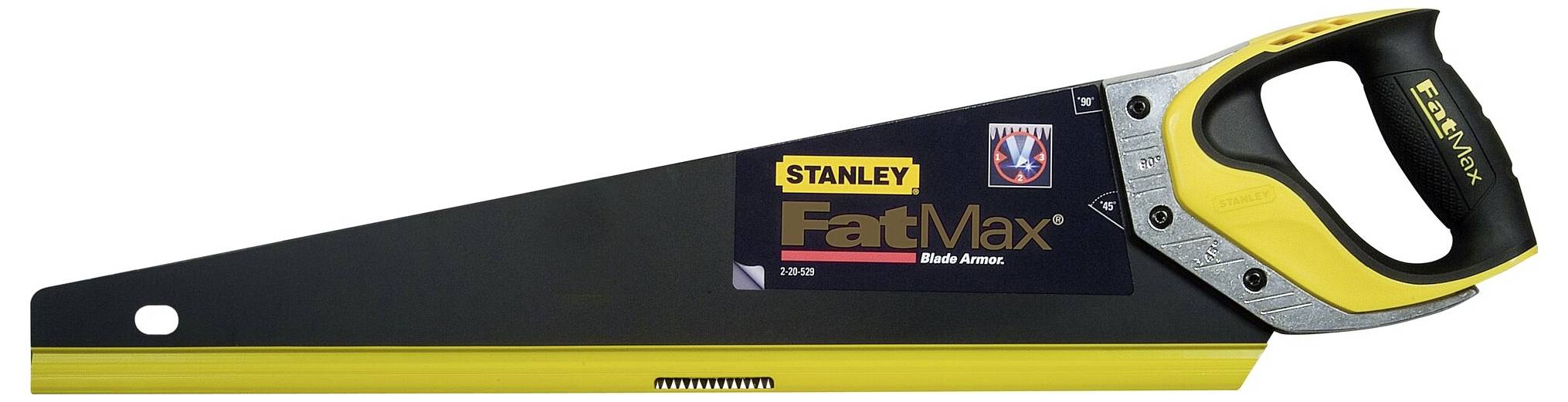 Handsaw with a yellow and black handle and 'Stanley FatMax' label.