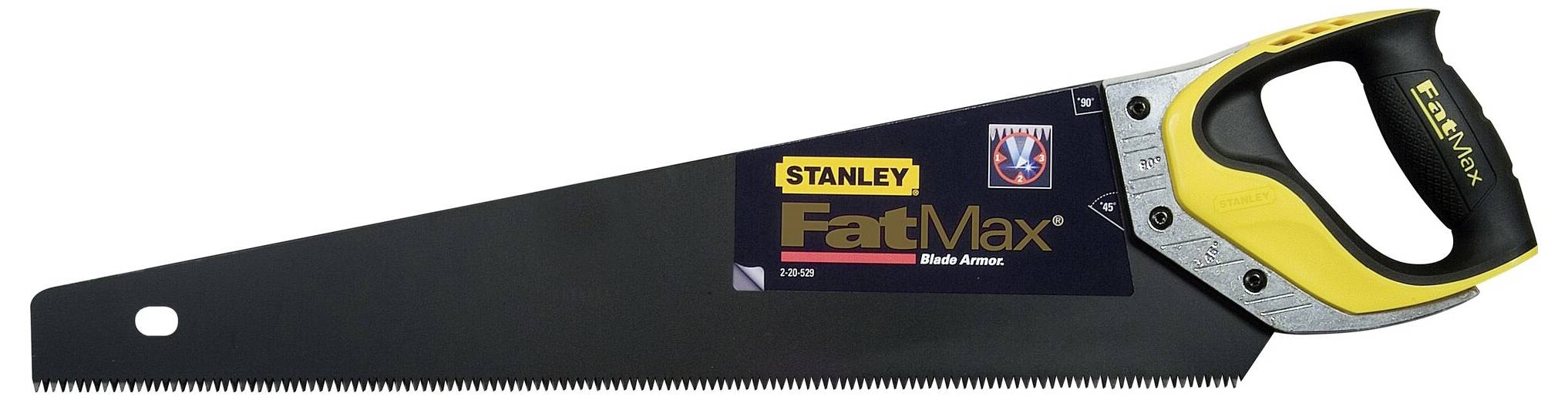 Hand saw 'Stanley FatMax' with black saw blade and yellow handle. The blade is wide, ideal for precise cuts in wood.