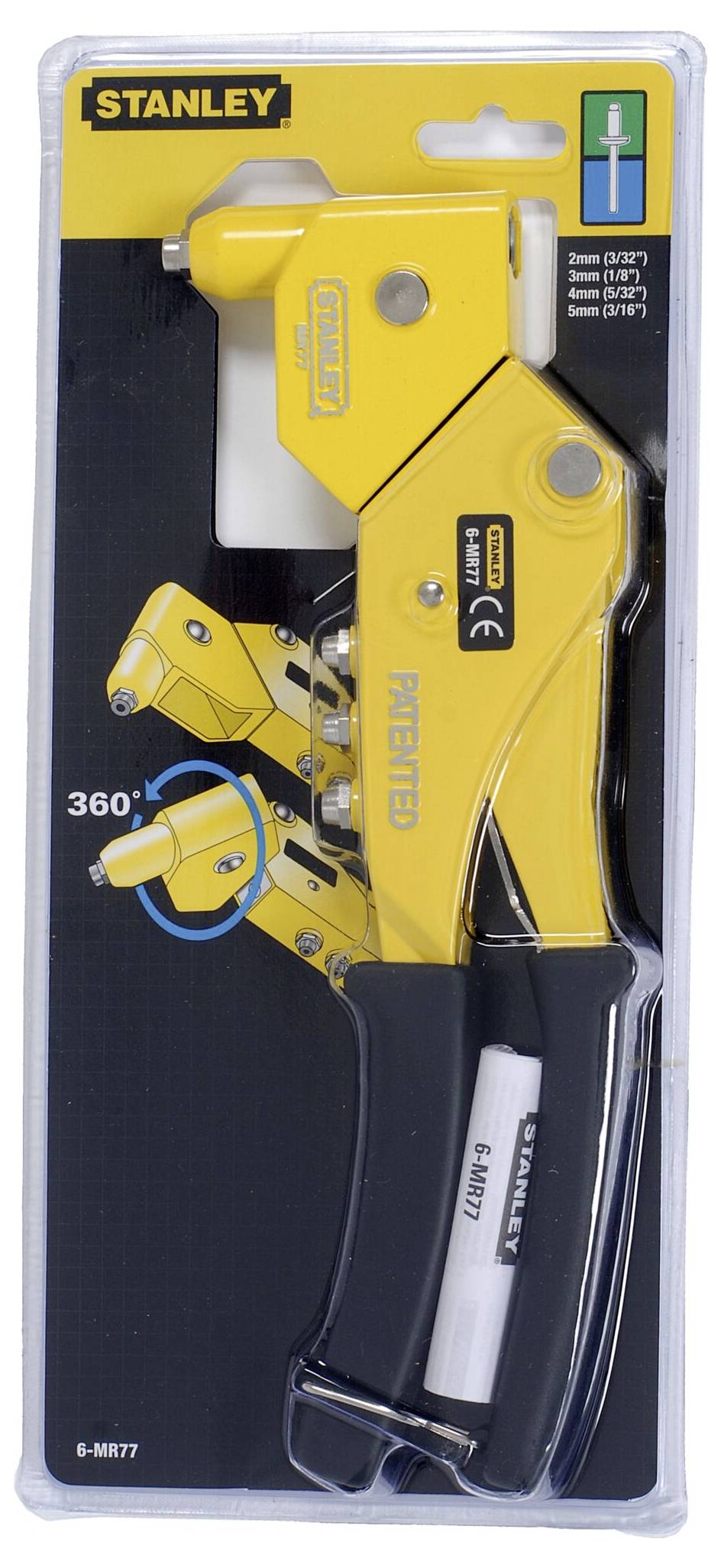 'Stanley' Pliers in Packaging. Yellow pliers with a black handle, suitable for various rivet sizes. Packaging displays product details.