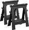 'Two black plastic sawhorses with non-slip surfaces and folding legs, ideal for DIY and craftwork.'