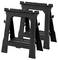 Two black, folding plastic trestles, aligned for DIY work, are standing side by side.